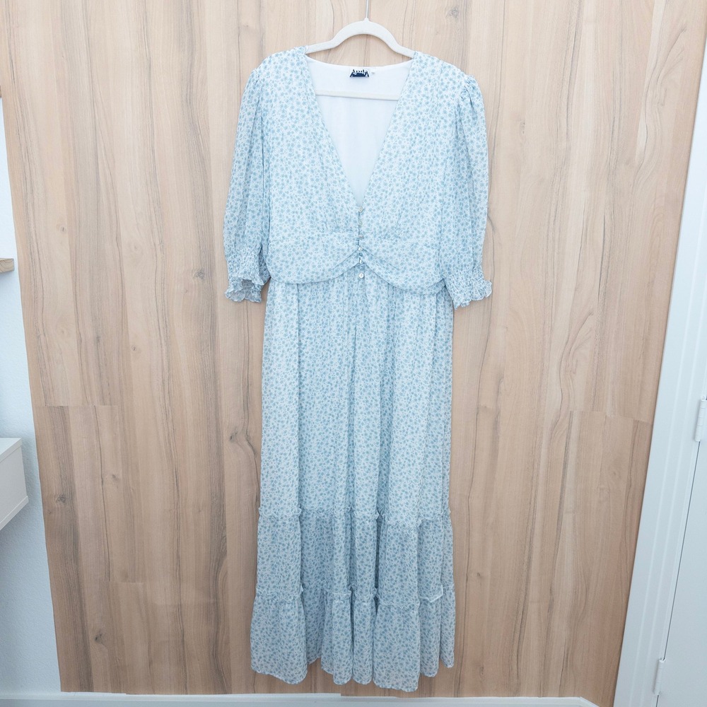Arula Floral Maxi Dress Size 1X Blue Tiered Smocked Cottage Boho Prairie Flowy